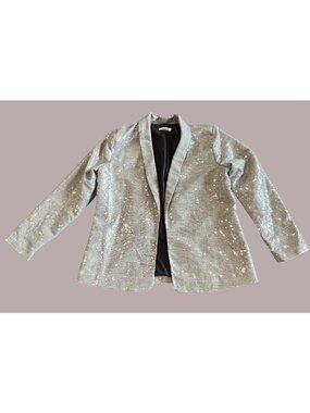 Sequin-Embellished Plaid Open-Front Blazer Black & Silver Womens Size M